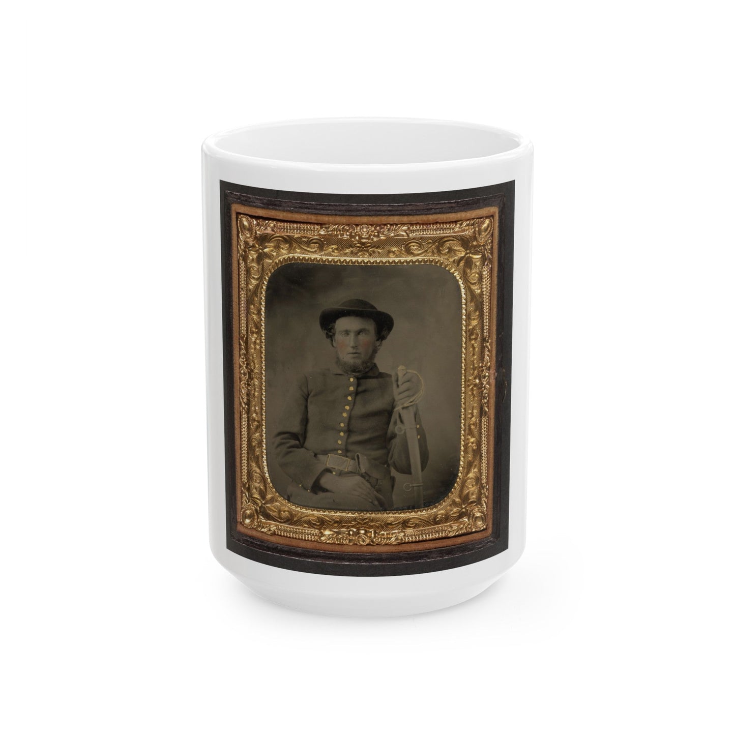 Unidentified Soldier In Union Uniform And Slouch Cap Sitting With Holstered Revolver And Cavalry Saber (U.S. Civil War) White Coffee Mug-15oz-The Sticker Space