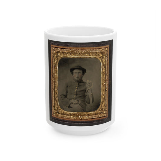 Unidentified Soldier In Union Uniform And Slouch Cap Sitting With Holstered Revolver And Cavalry Saber (U.S. Civil War) White Coffee Mug-15oz-The Sticker Space