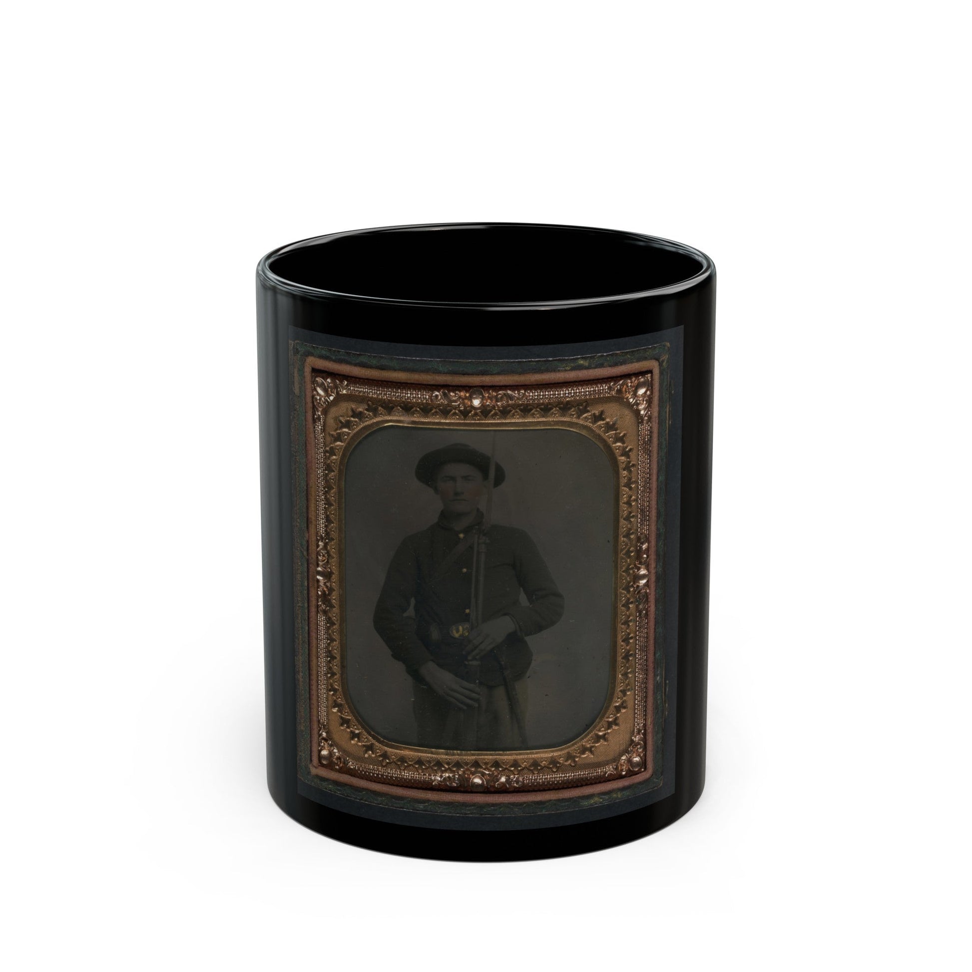 Unidentified Soldier In Union Uniform And Slouch Cap With Bayoneted Musket, Cap Box, Cartridge Box, And Bayonet Scabbard (U.S. Civil War) Black Coffee Mug-11oz-The Sticker Space