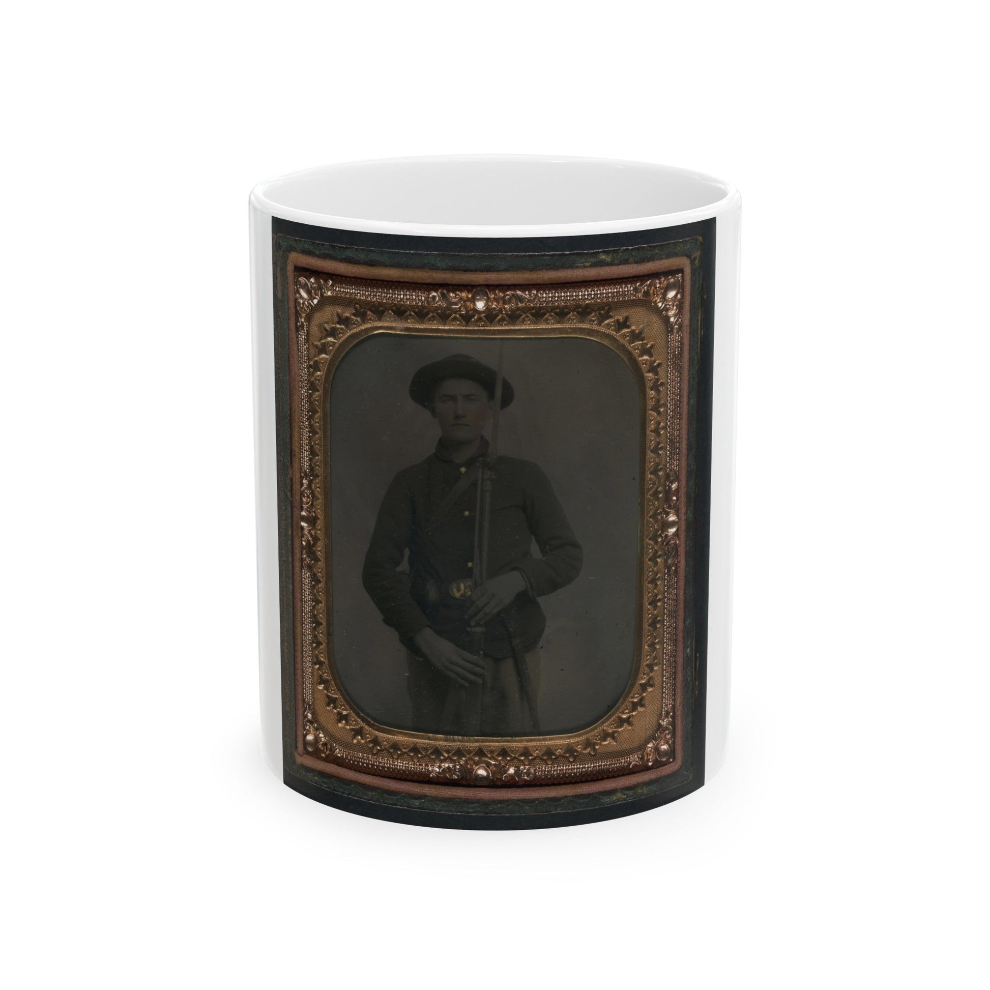 Unidentified Soldier In Union Uniform And Slouch Cap With Bayoneted Musket, Cap Box, Cartridge Box, And Bayonet Scabbard (U.S. Civil War) White Coffee Mug-11oz-The Sticker Space