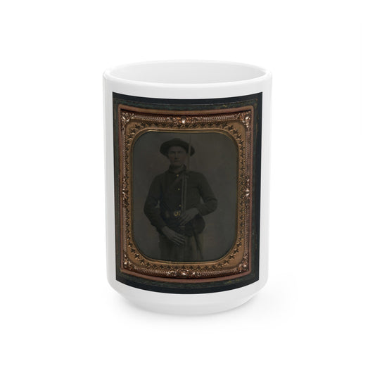 Unidentified Soldier In Union Uniform And Slouch Cap With Bayoneted Musket, Cap Box, Cartridge Box, And Bayonet Scabbard (U.S. Civil War) White Coffee Mug-15oz-The Sticker Space