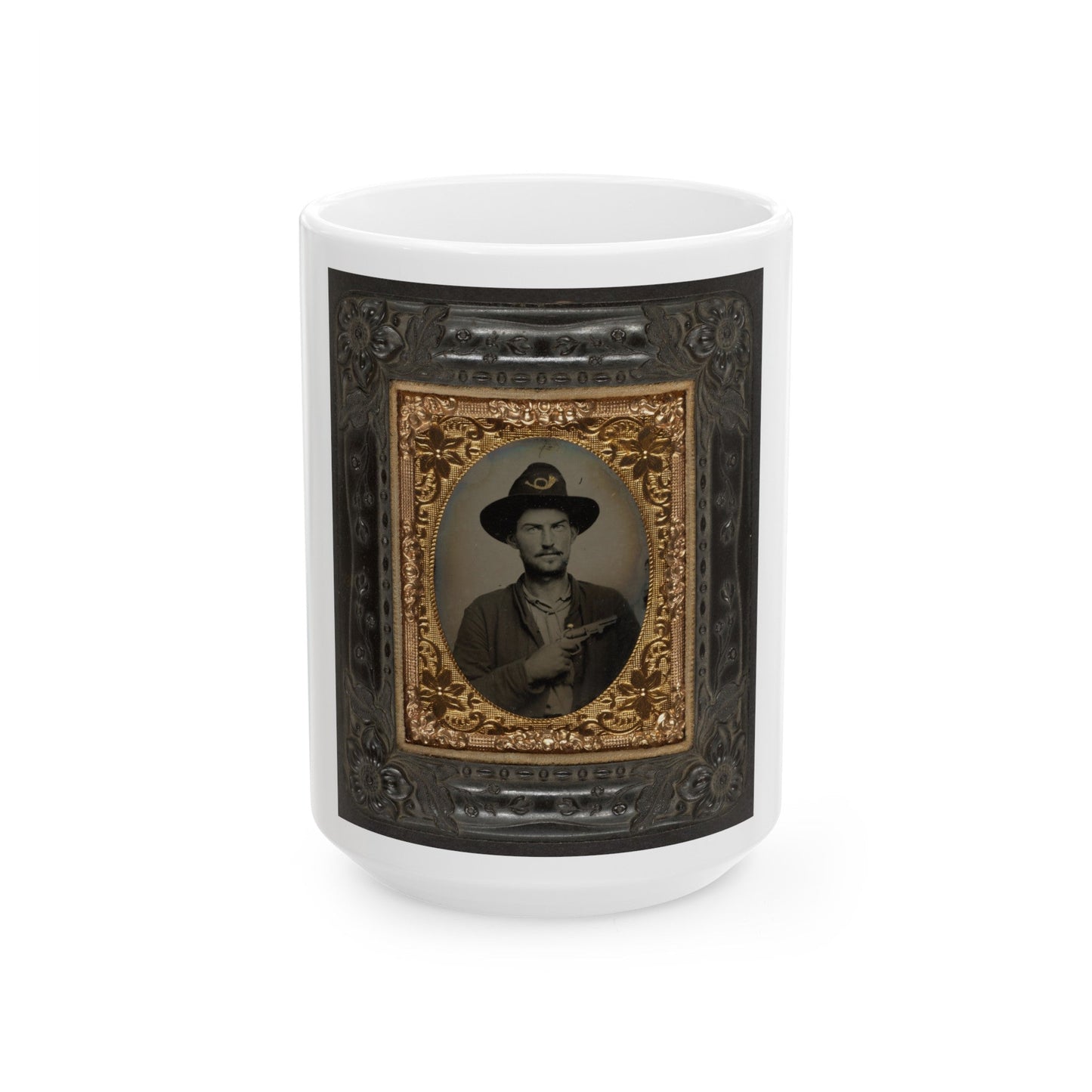 Unidentified Soldier In Union Uniform And Slouch Cap With Infantry Insignia Holding Revolver To Chest (U.S. Civil War) White Coffee Mug-15oz-The Sticker Space