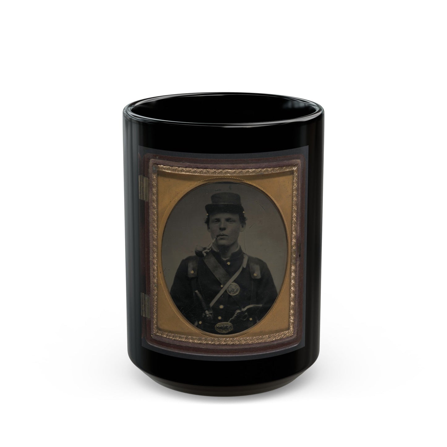 Unidentified Soldier In Union Uniform And State Of New York Belt Buckle With Revolver And Side Knife And Smoking Pipe (U.S. Civil War) Black Coffee Mug-15oz-The Sticker Space