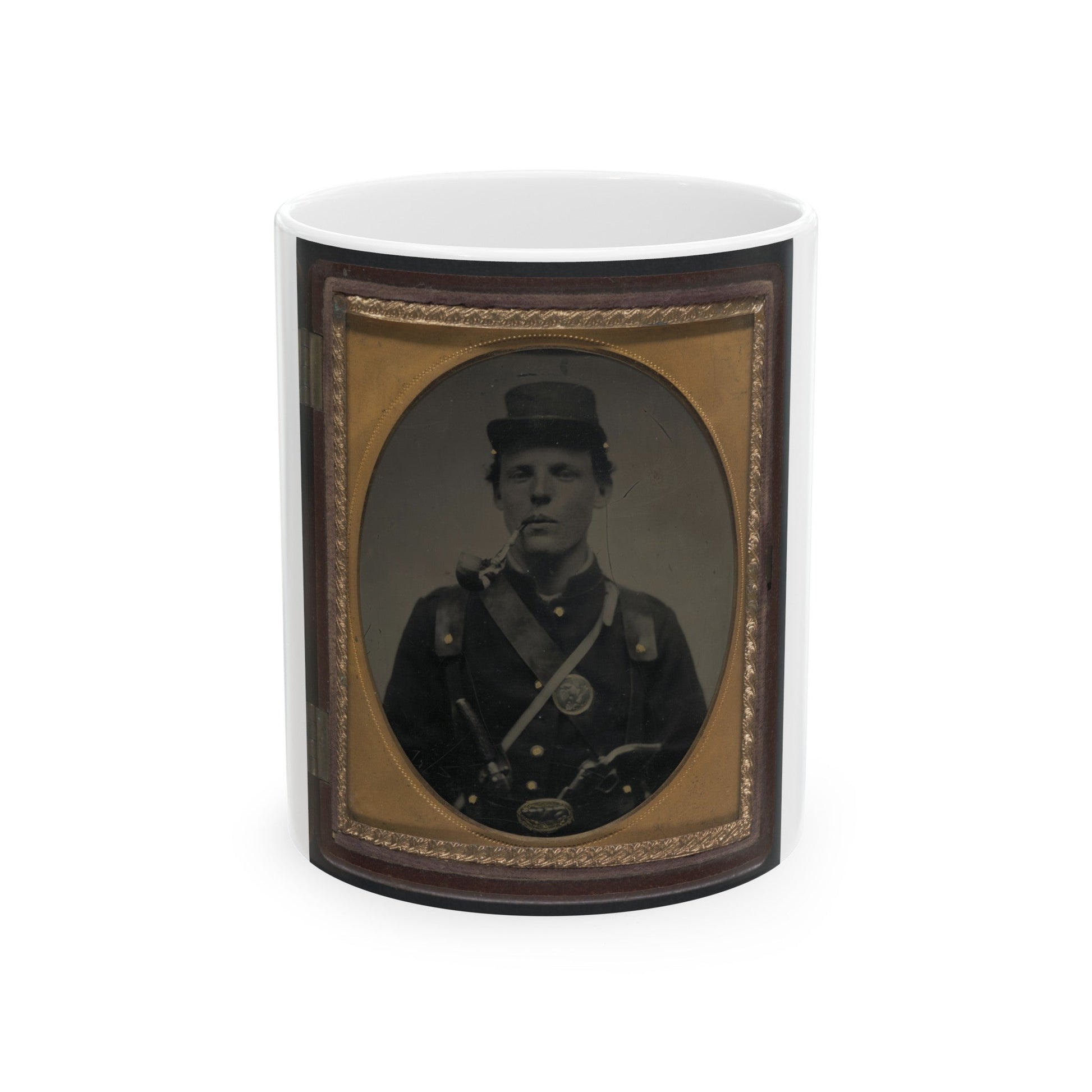 Unidentified Soldier In Union Uniform And State Of New York Belt Buckle With Revolver And Side Knife And Smoking Pipe (U.S. Civil War) White Coffee Mug-11oz-The Sticker Space