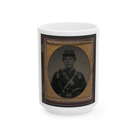 Unidentified Soldier In Union Uniform And State Of New York Belt Buckle With Revolver And Side Knife And Smoking Pipe (U.S. Civil War) White Coffee Mug-15oz-The Sticker Space