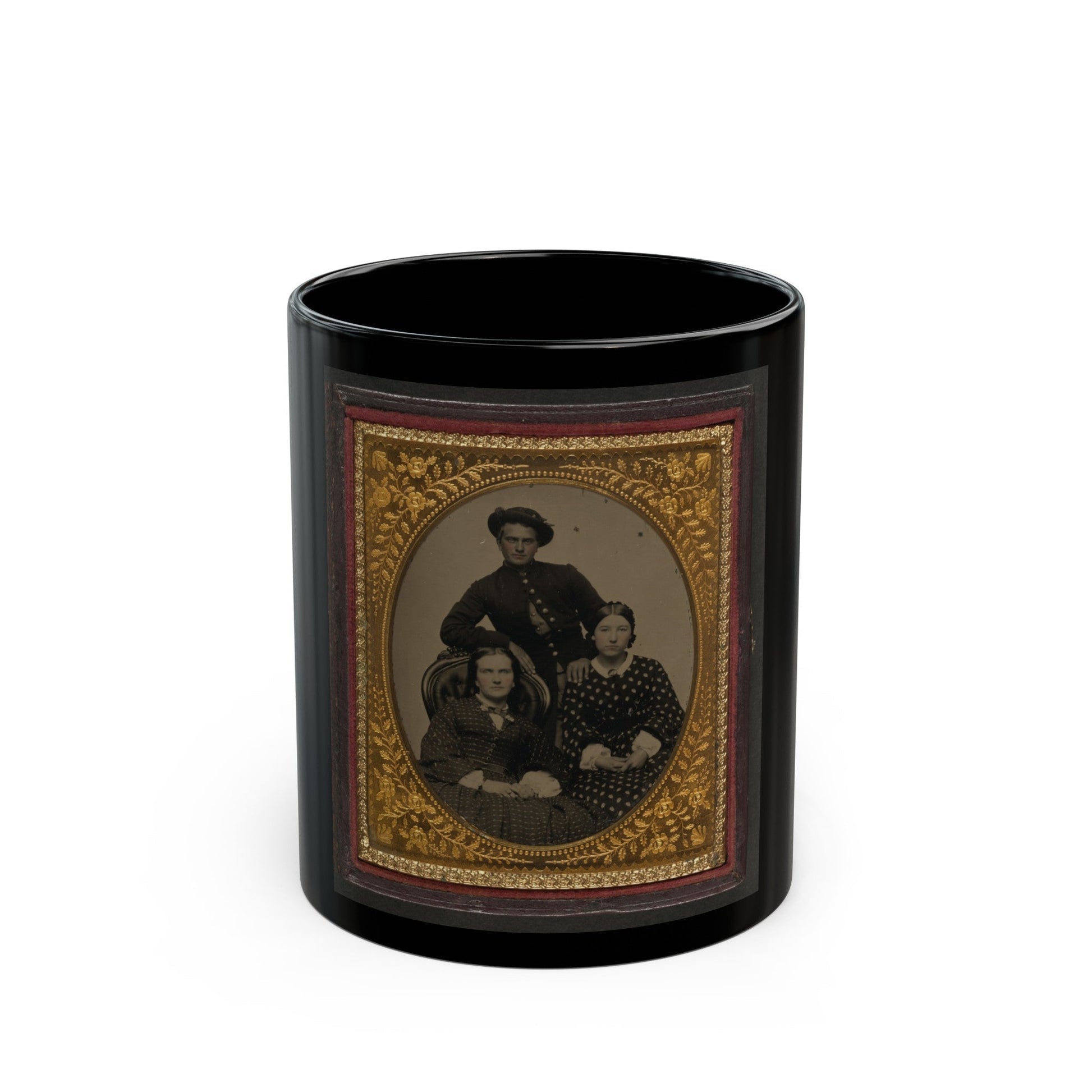 Unidentified Soldier In Union Uniform And Two Women (U.S. Civil War) Black Coffee Mug-11oz-The Sticker Space