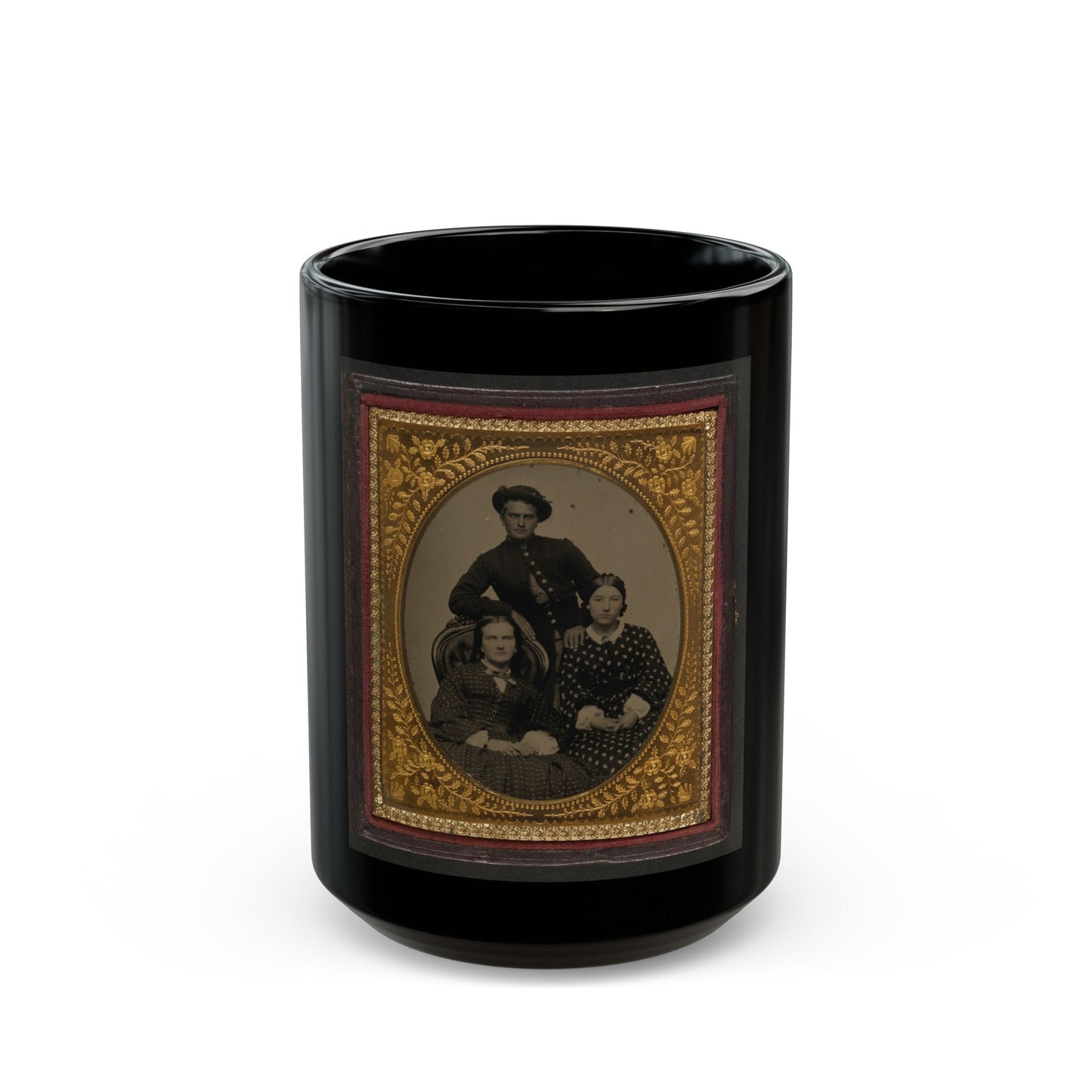 Unidentified Soldier In Union Uniform And Two Women (U.S. Civil War) Black Coffee Mug-15oz-The Sticker Space