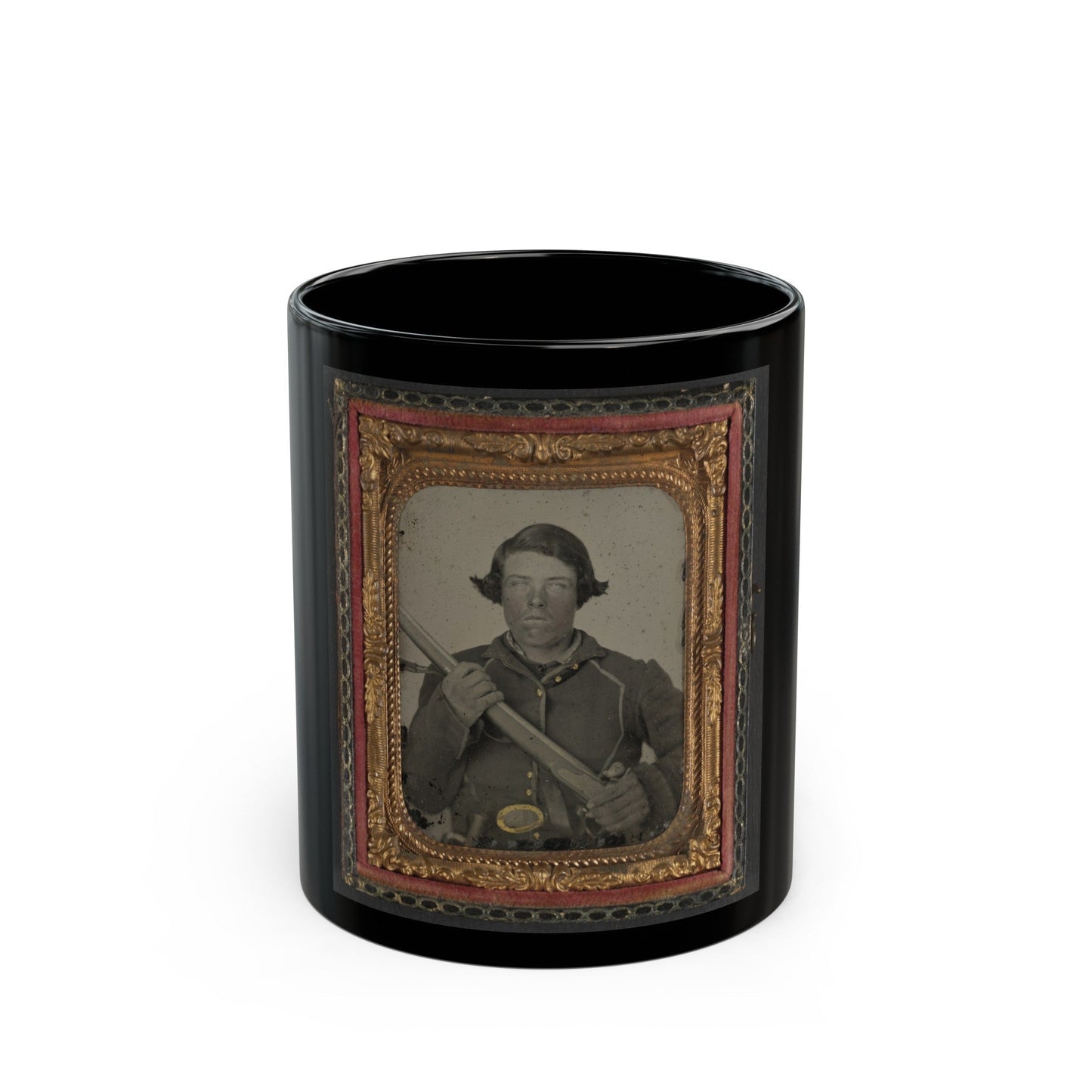 Unidentified Soldier In Union Uniform And U.S. Belt Buckle With Musket (U.S. Civil War) Black Coffee Mug-11oz-The Sticker Space