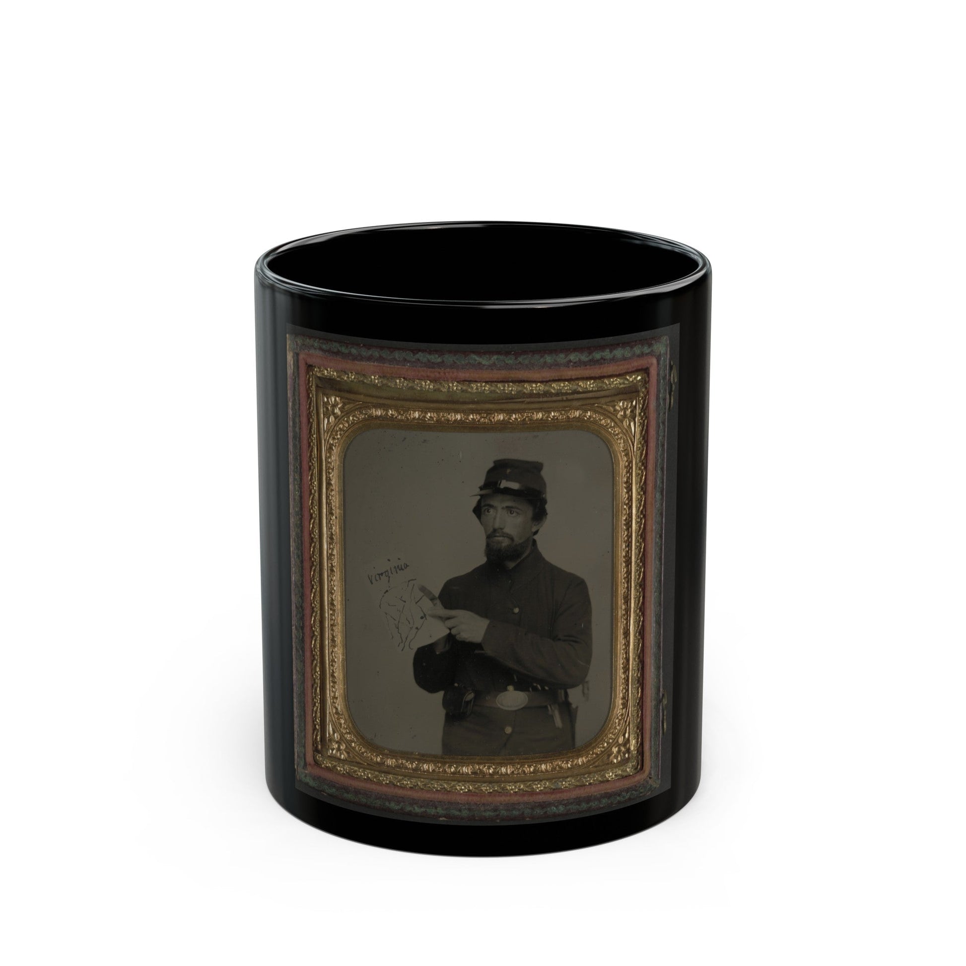 Unidentified Soldier In Union Uniform And U.S. Belt Buckle With Pistol Holding Hand-Drawn Map Of Virginia (U.S. Civil War) Black Coffee Mug-11oz-The Sticker Space