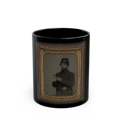 Unidentified Soldier In Union Uniform And U.S. Belt Buckle With Pistol Holding Hand-Drawn Map Of Virginia (U.S. Civil War) Black Coffee Mug-11oz-The Sticker Space