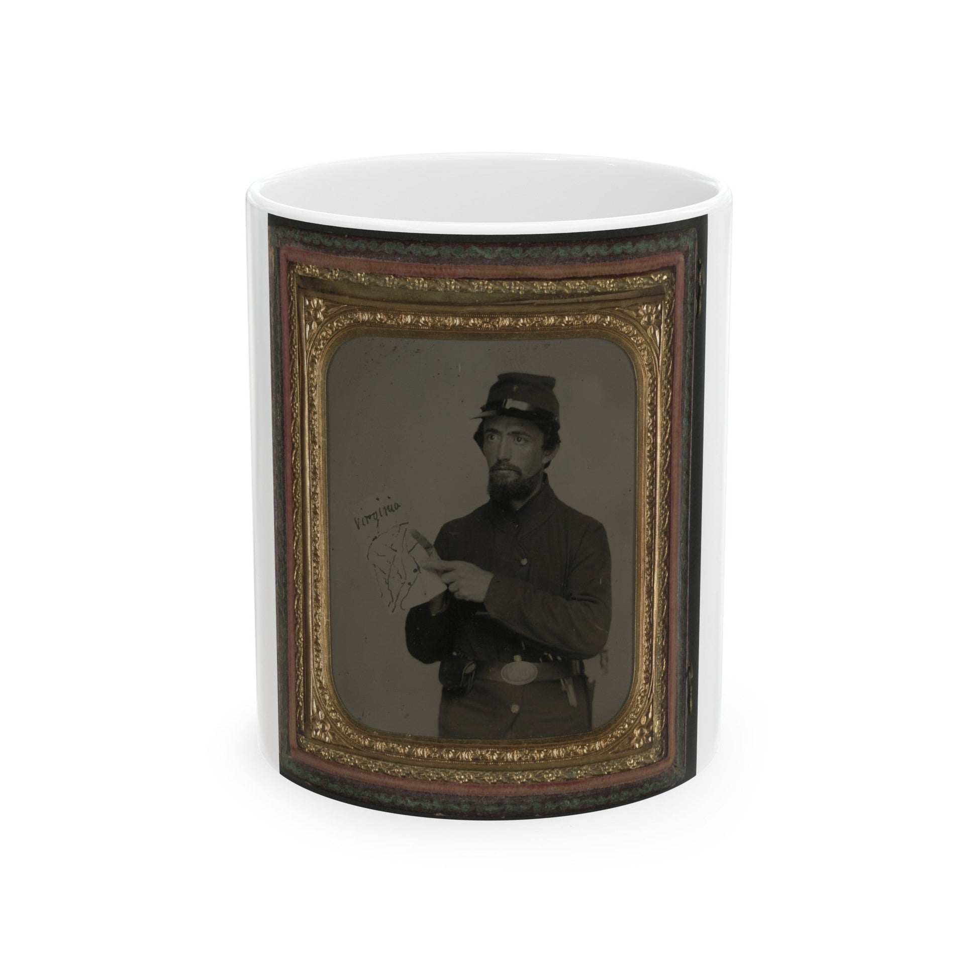 Unidentified Soldier In Union Uniform And U.S. Belt Buckle With Pistol Holding Hand-Drawn Map Of Virginia (U.S. Civil War) White Coffee Mug-11oz-The Sticker Space