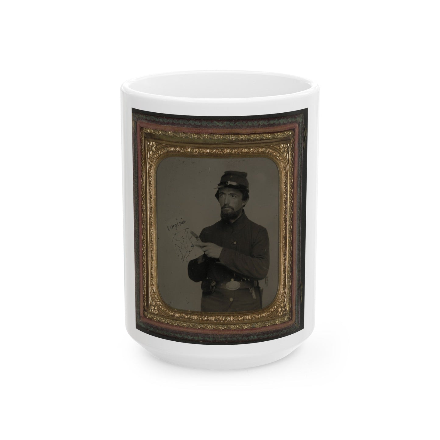 Unidentified Soldier In Union Uniform And U.S. Belt Buckle With Pistol Holding Hand-Drawn Map Of Virginia (U.S. Civil War) White Coffee Mug-15oz-The Sticker Space