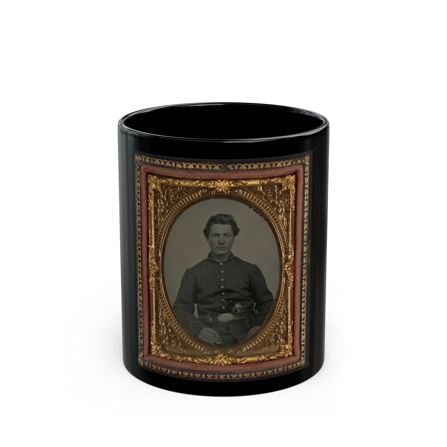 Unidentified Soldier In Union Uniform And U.S. Belt Buckle With Pistol (U.S. Civil War) Black Coffee Mug-11oz-The Sticker Space