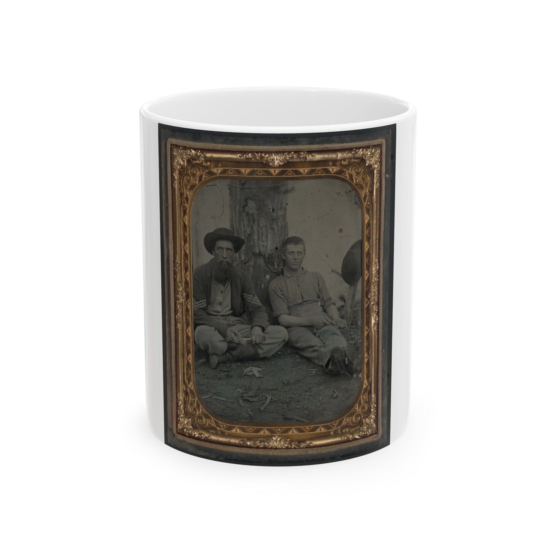 Unidentified Soldier In Union Uniform And Unidentified Young Man Sitting On The Ground And Whittling (U.S. Civil War) White Coffee Mug-11oz-The Sticker Space