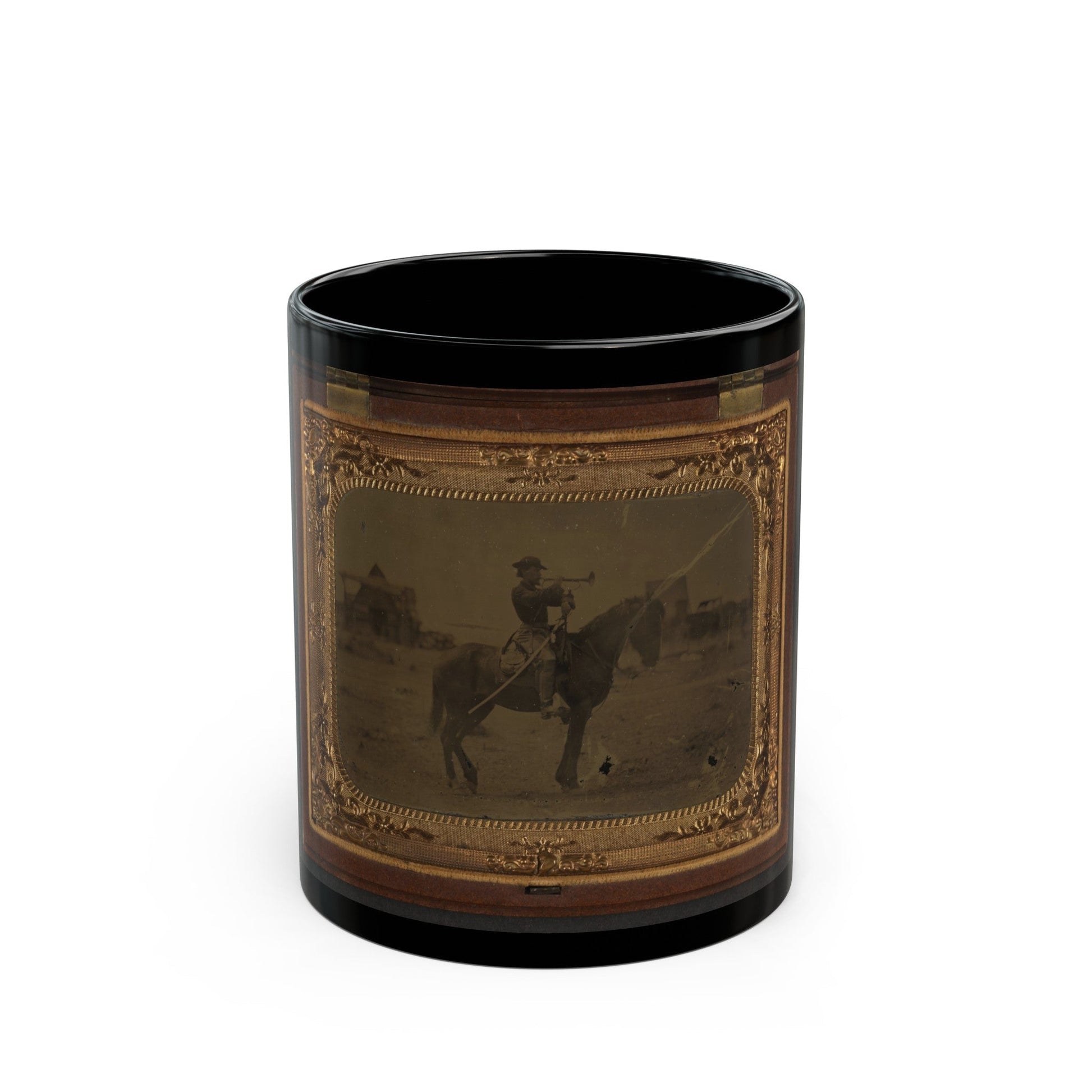 Unidentified Soldier In Union Uniform Atop Horse Blowing Bugle While Unsheathing Sword (U.S. Civil War) Black Coffee Mug-11oz-The Sticker Space