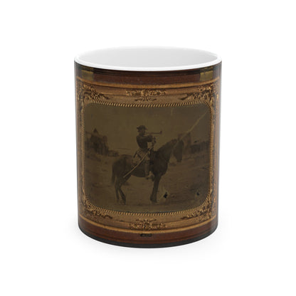 Unidentified Soldier In Union Uniform Atop Horse Blowing Bugle While Unsheathing Sword (U.S. Civil War) White Coffee Mug-11oz-The Sticker Space