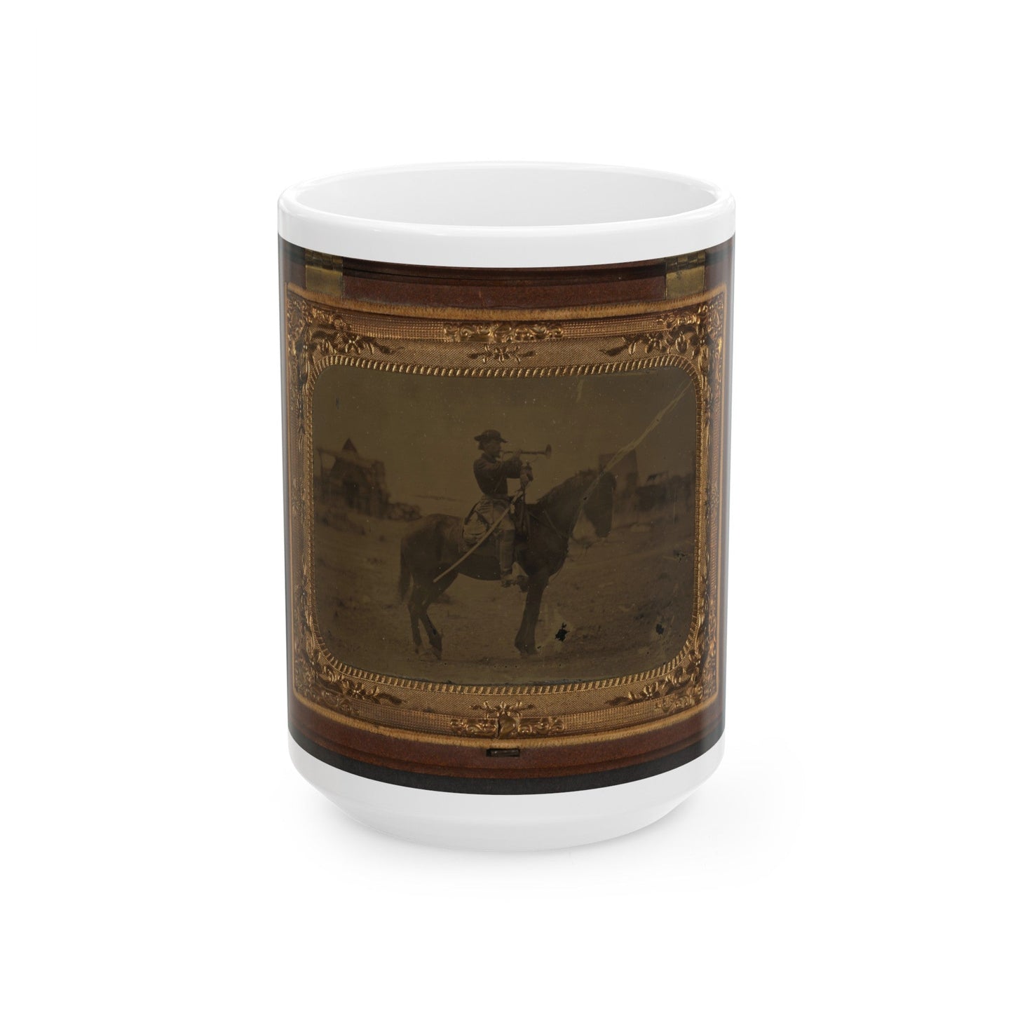 Unidentified Soldier In Union Uniform Atop Horse Blowing Bugle While Unsheathing Sword (U.S. Civil War) White Coffee Mug-15oz-The Sticker Space