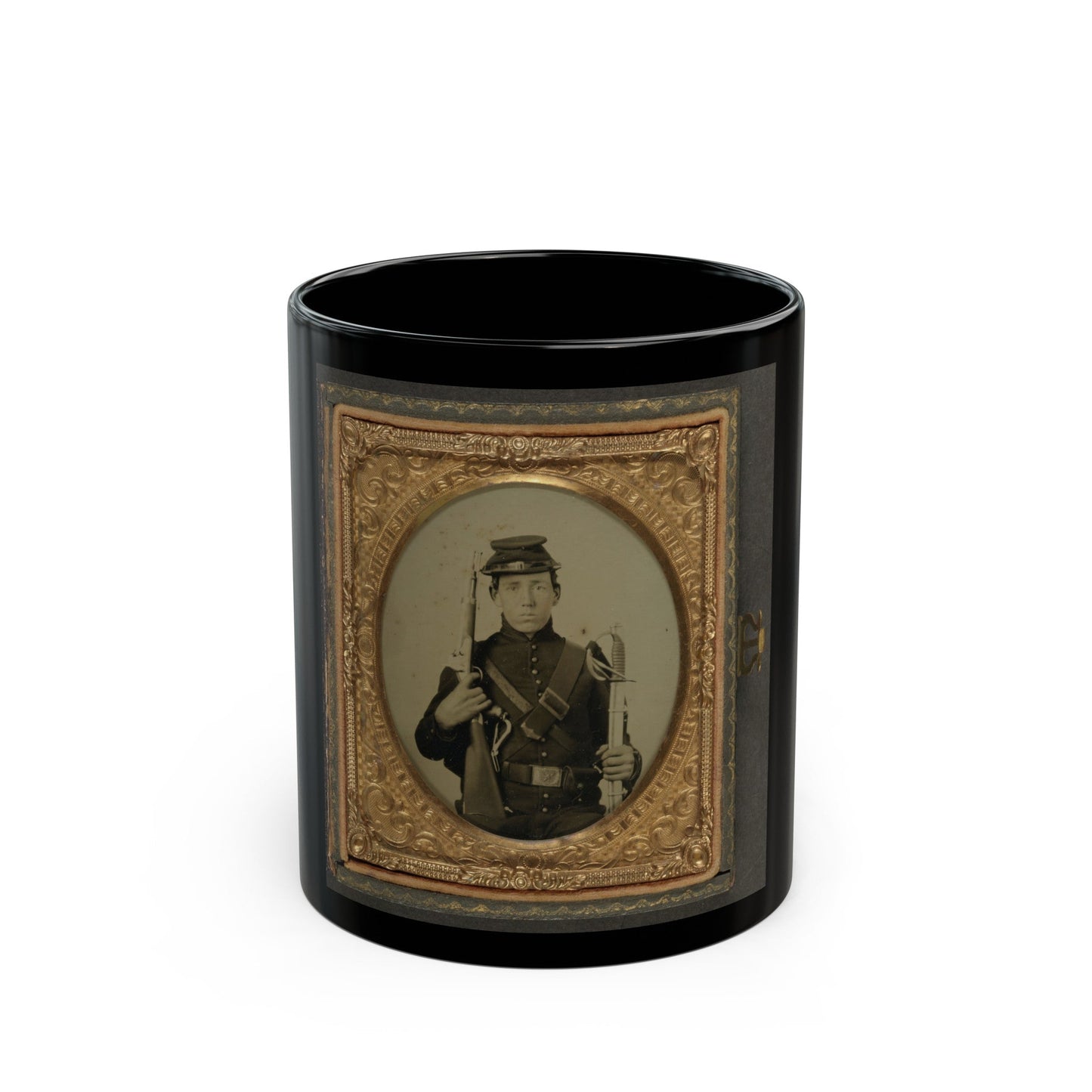 Unidentified Soldier In Union Uniform Holding A U.S. Model 1855 Pistol-Carbine With Attached Shoulder Stock And A Saber (U.S. Civil War) Black Coffee Mug-11oz-The Sticker Space