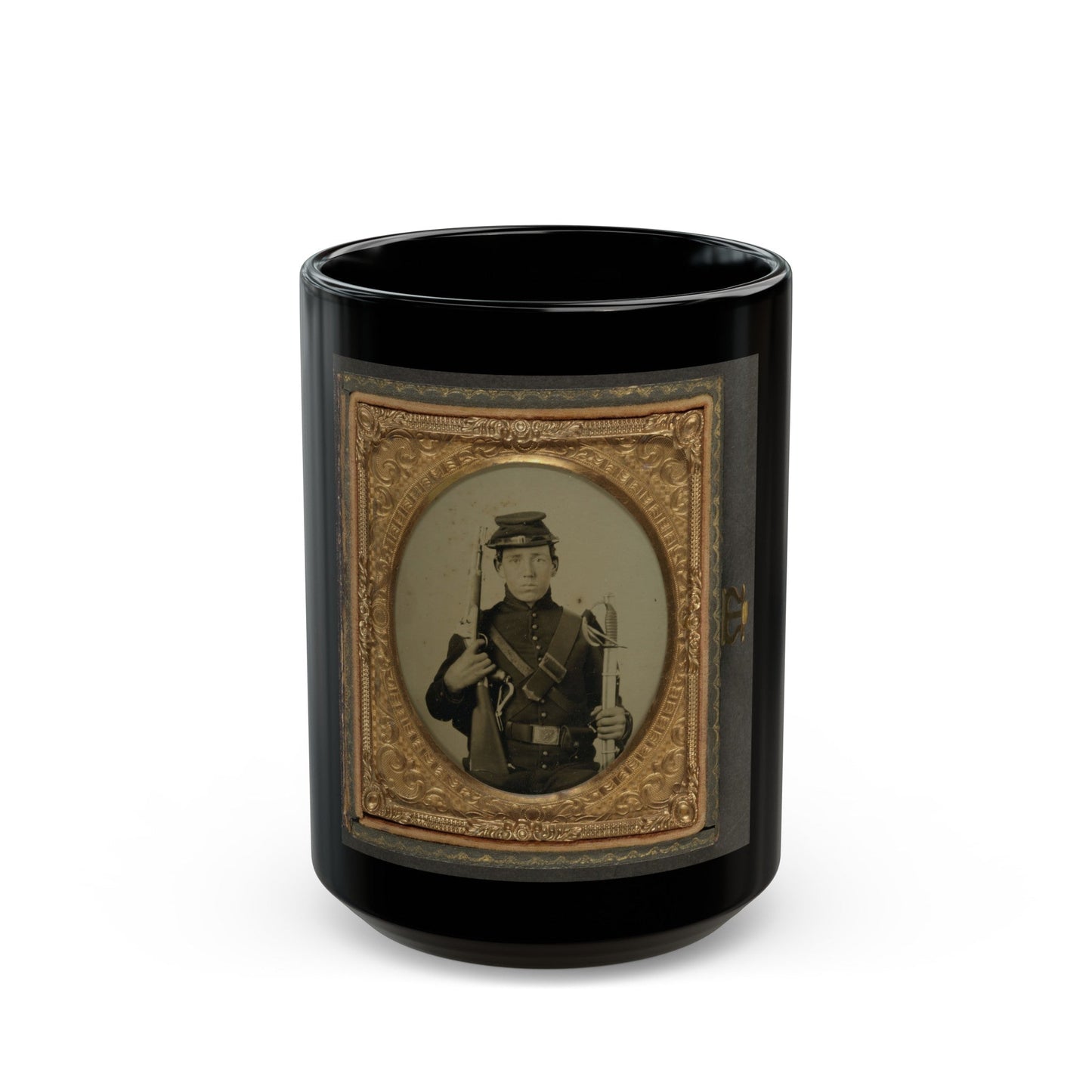 Unidentified Soldier In Union Uniform Holding A U.S. Model 1855 Pistol-Carbine With Attached Shoulder Stock And A Saber (U.S. Civil War) Black Coffee Mug-15oz-The Sticker Space