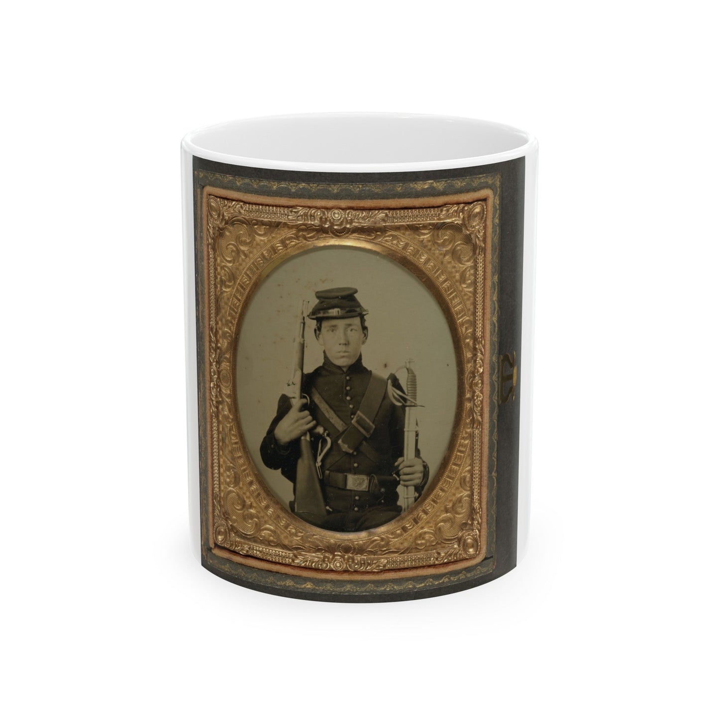 Unidentified Soldier In Union Uniform Holding A U.S. Model 1855 Pistol-Carbine With Attached Shoulder Stock And A Saber (U.S. Civil War) White Coffee Mug-11oz-The Sticker Space