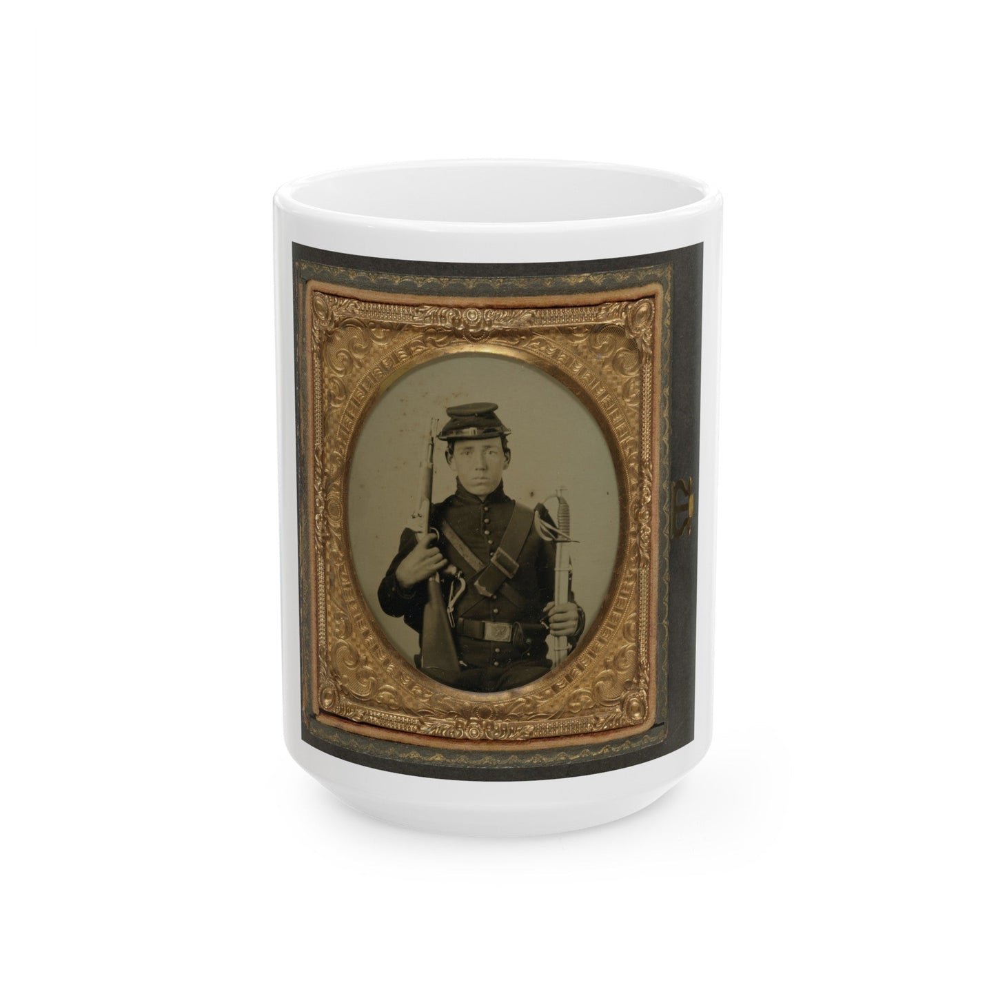 Unidentified Soldier In Union Uniform Holding A U.S. Model 1855 Pistol-Carbine With Attached Shoulder Stock And A Saber (U.S. Civil War) White Coffee Mug-15oz-The Sticker Space