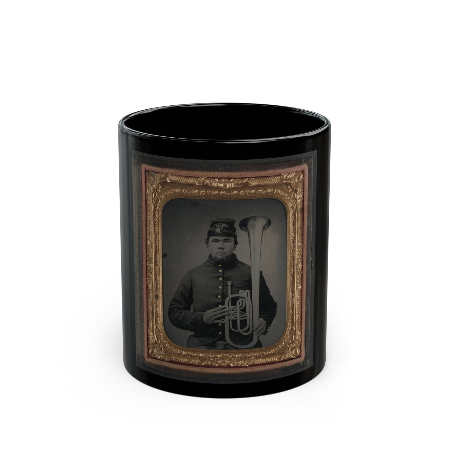 Unidentified Soldier In Union Uniform Holding An Over The Shoulder Saxhorn (U.S. Civil War) Black Coffee Mug-11oz-The Sticker Space