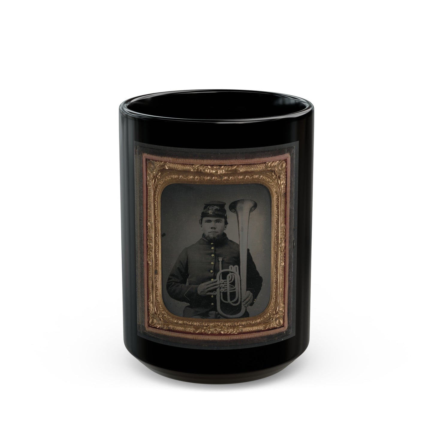 Unidentified Soldier In Union Uniform Holding An Over The Shoulder Saxhorn (U.S. Civil War) Black Coffee Mug-15oz-The Sticker Space