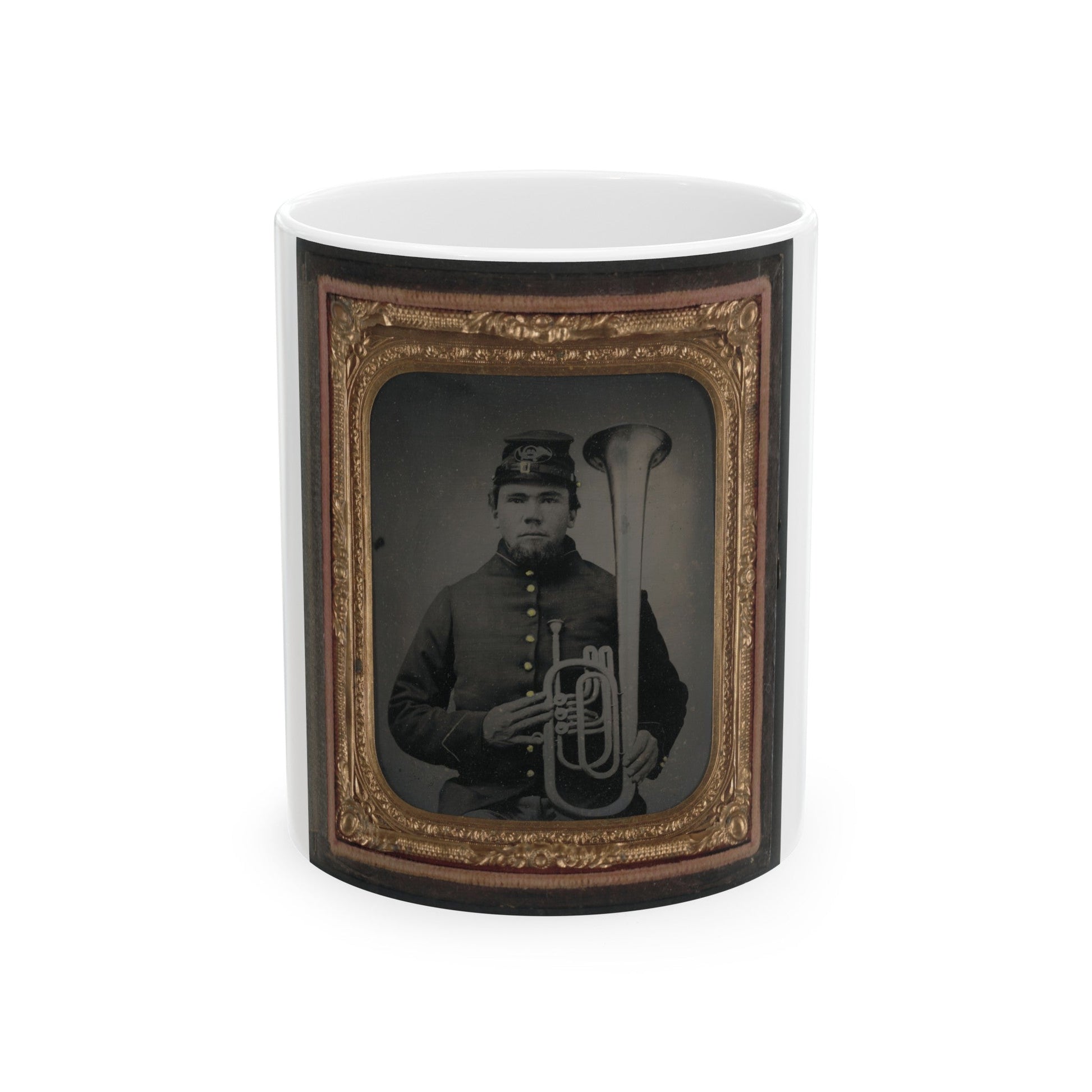 Unidentified Soldier In Union Uniform Holding An Over The Shoulder Saxhorn (U.S. Civil War) White Coffee Mug-11oz-The Sticker Space