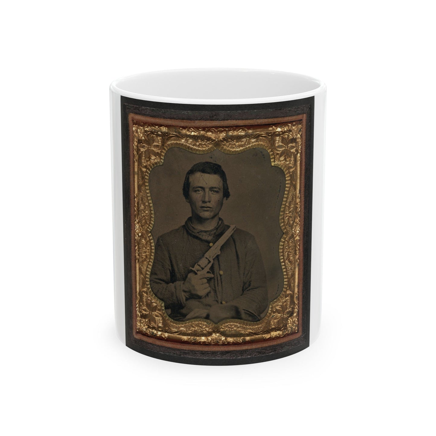 Unidentified Soldier In Union Uniform Holding Colt Revolver To Chest (U.S. Civil War) White Coffee Mug-11oz-The Sticker Space