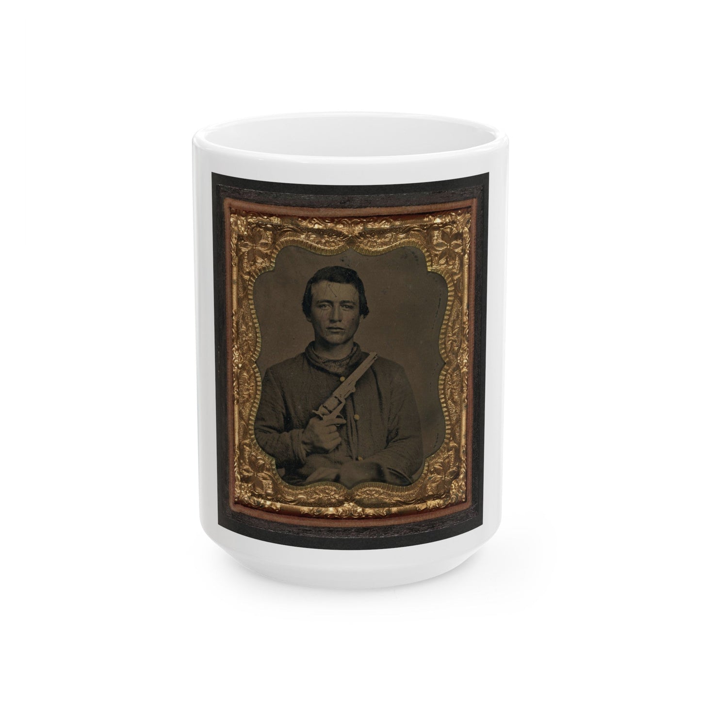 Unidentified Soldier In Union Uniform Holding Colt Revolver To Chest (U.S. Civil War) White Coffee Mug-15oz-The Sticker Space