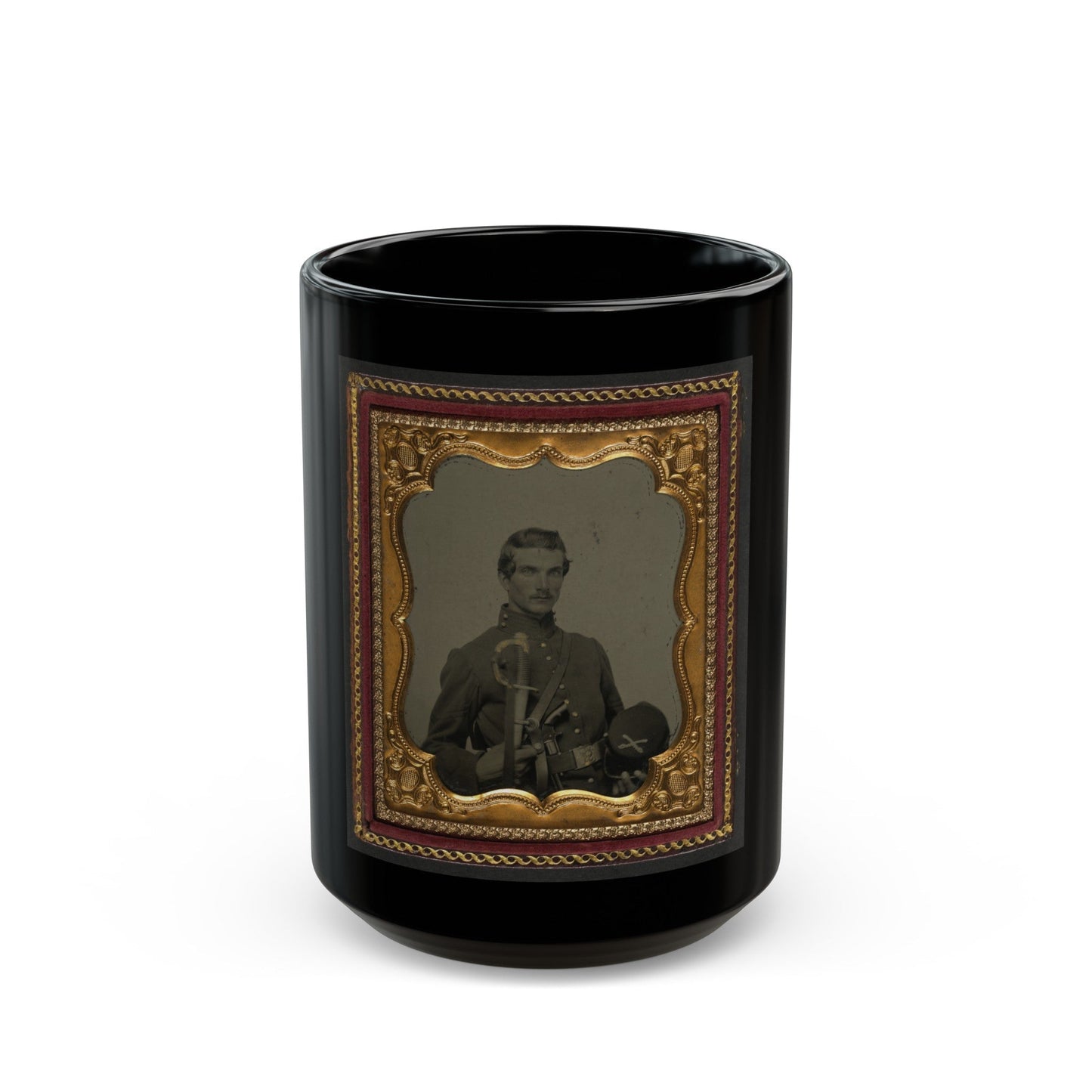 Unidentified Soldier In Union Uniform Holding Kepi With Cavalry Insignia, Cavalry Saber, And Smith And Wesson Revolver (U.S. Civil War) Black Coffee Mug-15oz-The Sticker Space