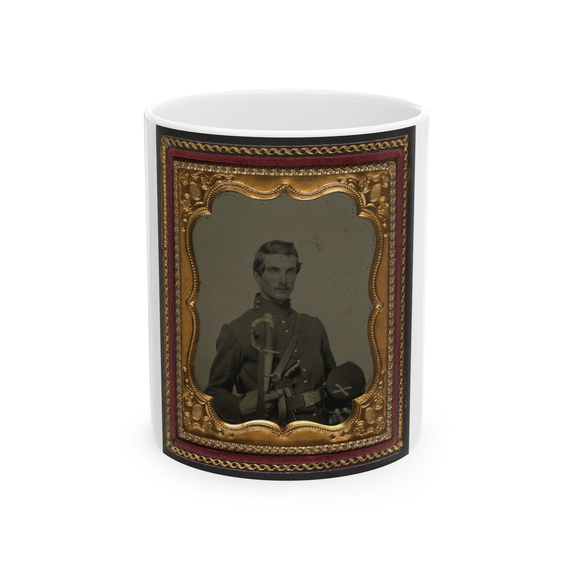 Unidentified Soldier In Union Uniform Holding Kepi With Cavalry Insignia, Cavalry Saber, And Smith And Wesson Revolver (U.S. Civil War) White Coffee Mug-11oz-The Sticker Space