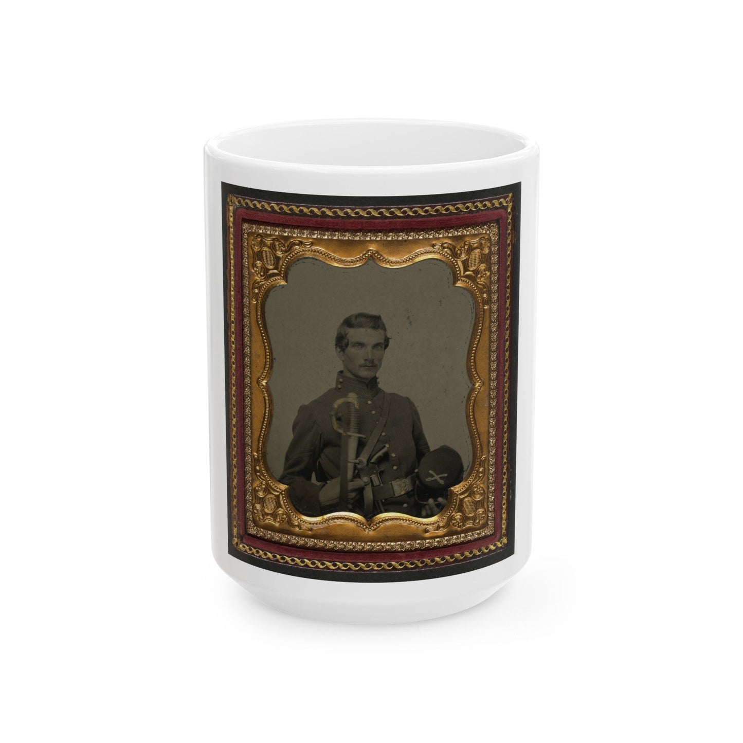 Unidentified Soldier In Union Uniform Holding Kepi With Cavalry Insignia, Cavalry Saber, And Smith And Wesson Revolver (U.S. Civil War) White Coffee Mug-15oz-The Sticker Space