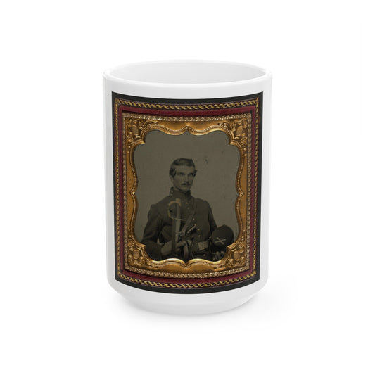 Unidentified Soldier In Union Uniform Holding Kepi With Cavalry Insignia, Cavalry Saber, And Smith And Wesson Revolver (U.S. Civil War) White Coffee Mug-15oz-The Sticker Space