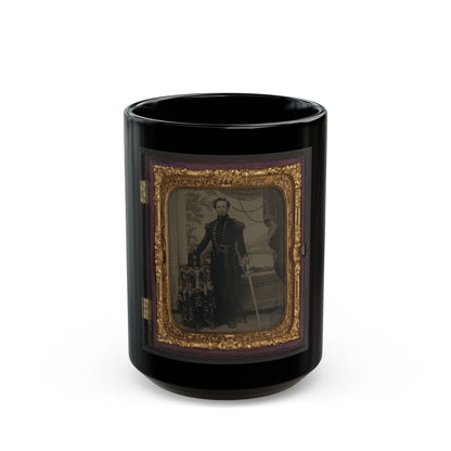 Unidentified Soldier In Union Uniform Holding Sword, With Company D Artillery Regiment Shako Hat On Table Beside Him (U.S. Civil War) Black Coffee Mug-15oz-The Sticker Space