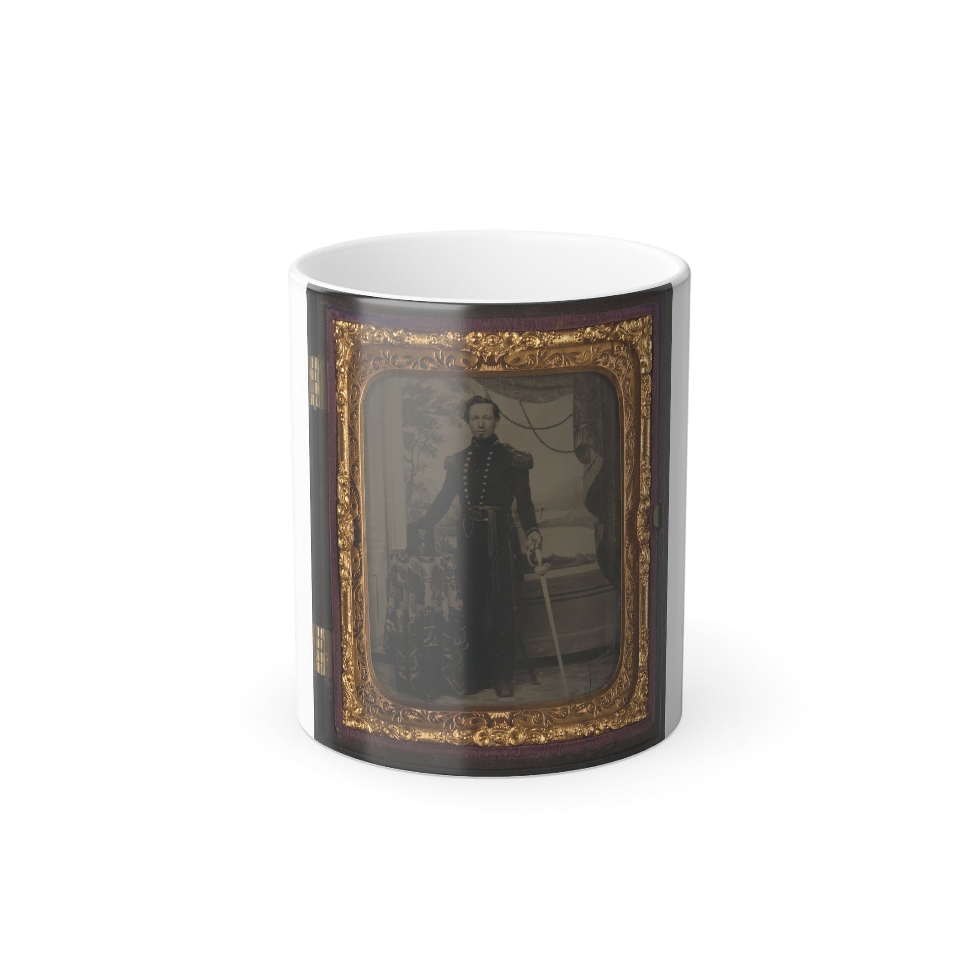 Unidentified Soldier in Union Uniform Holding Sword, With Company D Artillery Regiment Shako Hat on Table Beside Him (U.S. Civil War) Color Morphing Mug 11oz-11oz-The Sticker Space