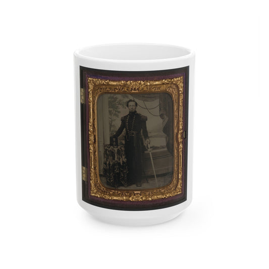 Unidentified Soldier In Union Uniform Holding Sword, With Company D Artillery Regiment Shako Hat On Table Beside Him (U.S. Civil War) White Coffee Mug-15oz-The Sticker Space