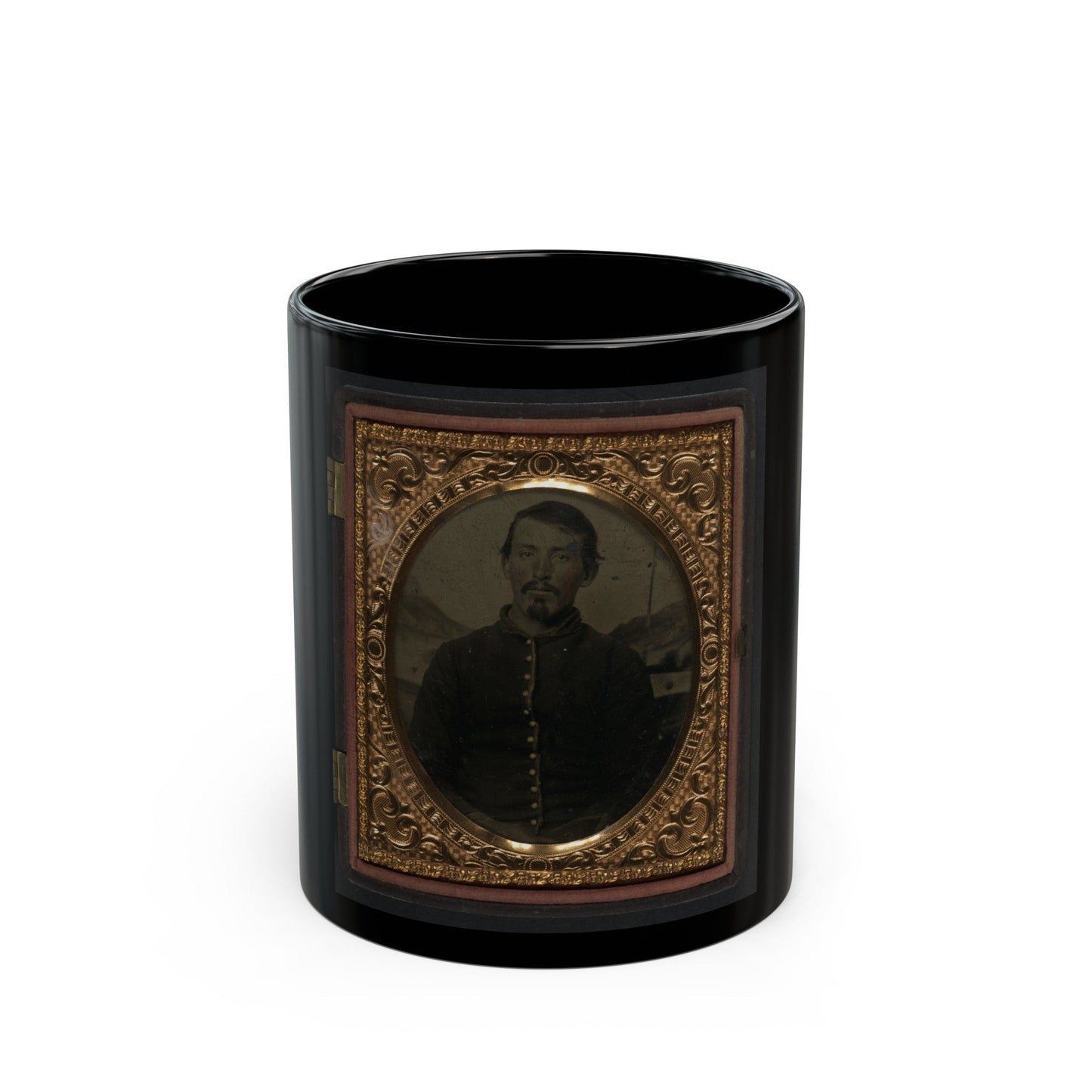 Unidentified Soldier In Union Uniform In Front Of Painted Backdrop Showing Landscape 001 (U.S. Civil War) Black Coffee Mug-11oz-The Sticker Space