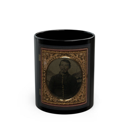 Unidentified Soldier In Union Uniform In Front Of Painted Backdrop Showing Landscape 001 (U.S. Civil War) Black Coffee Mug-11oz-The Sticker Space