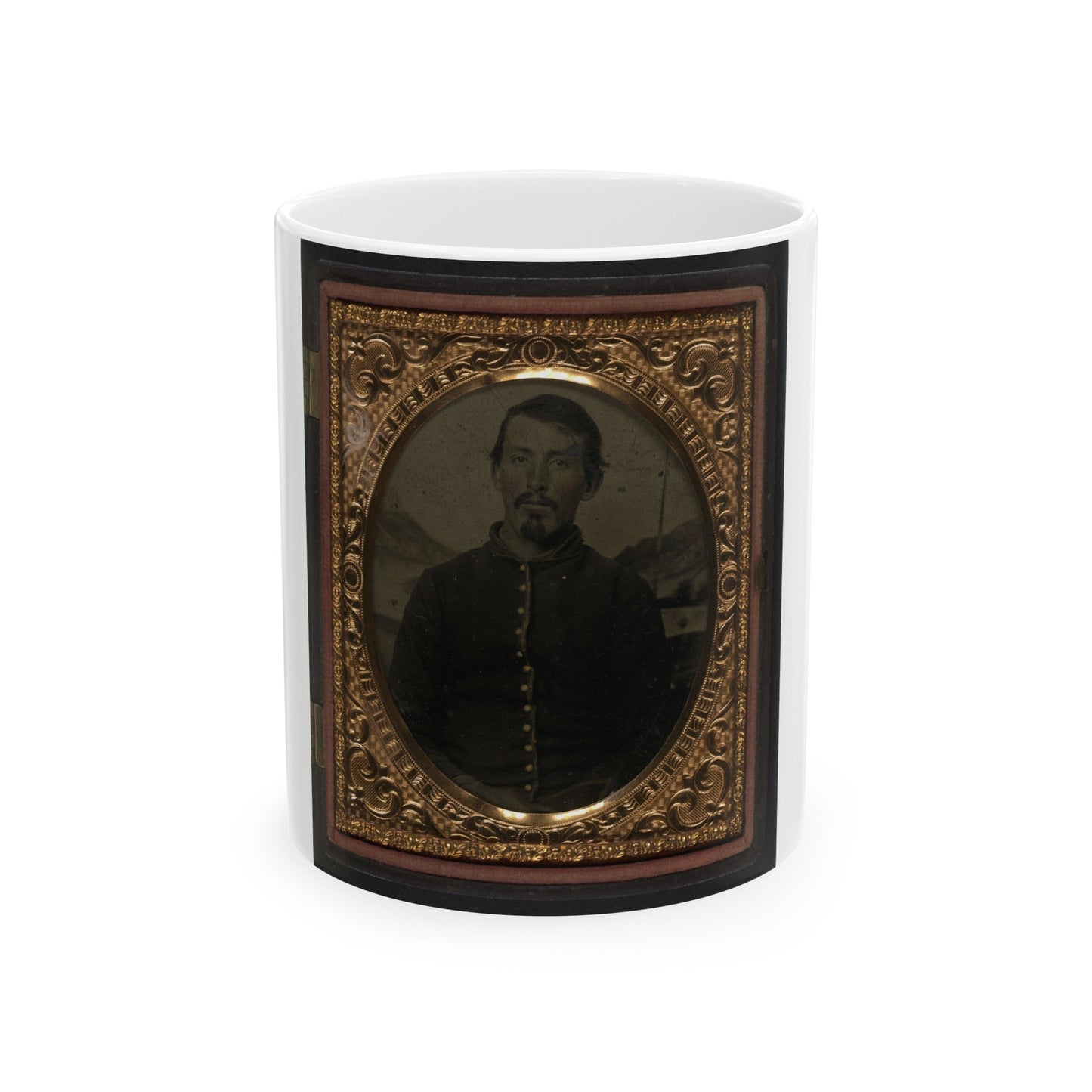 Unidentified Soldier In Union Uniform In Front Of Painted Backdrop Showing Landscape 001 (U.S. Civil War) White Coffee Mug-11oz-The Sticker Space