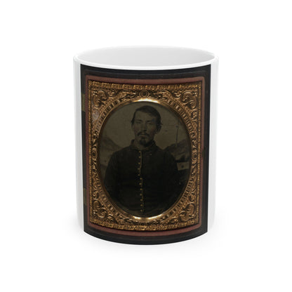 Unidentified Soldier In Union Uniform In Front Of Painted Backdrop Showing Landscape 001 (U.S. Civil War) White Coffee Mug-11oz-The Sticker Space