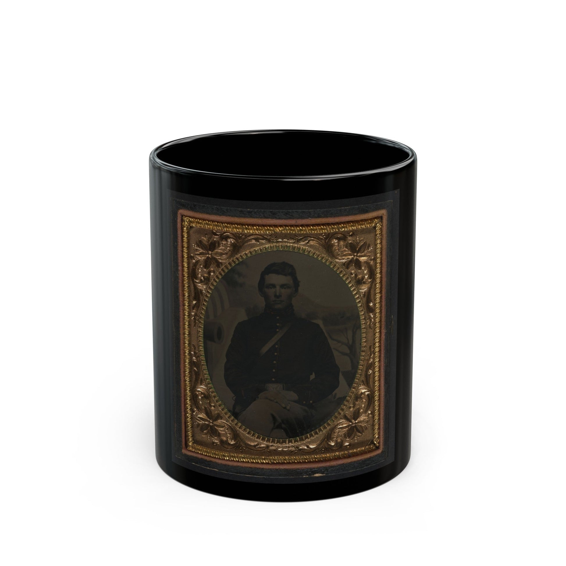 Unidentified Soldier In Union Uniform In Front Of Painted Backdrop Showing Military Camp 001 (U.S. Civil War) Black Coffee Mug-11oz-The Sticker Space