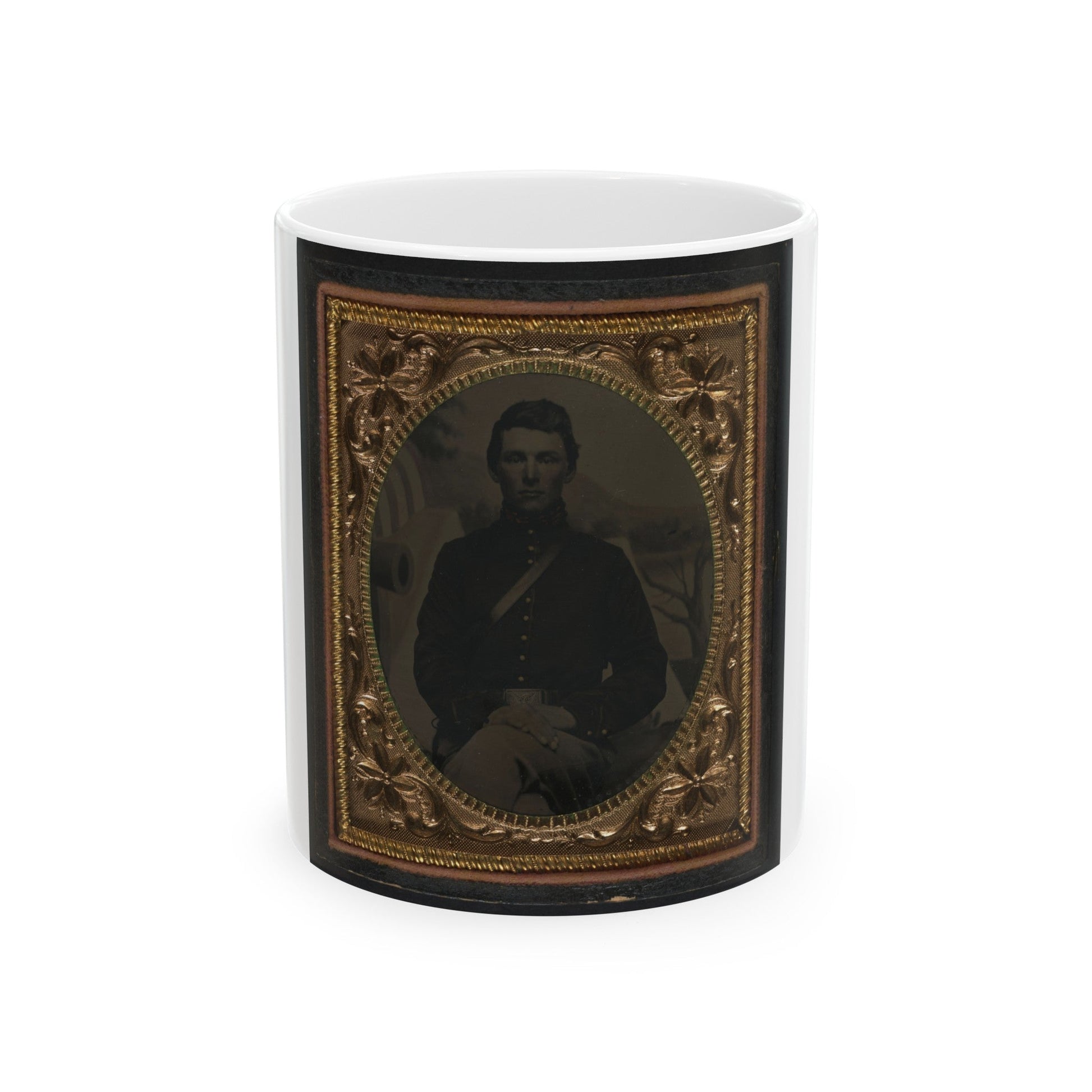 Unidentified Soldier In Union Uniform In Front Of Painted Backdrop Showing Military Camp 001 (U.S. Civil War) White Coffee Mug-11oz-The Sticker Space