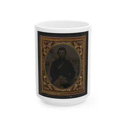 Unidentified Soldier In Union Uniform In Front Of Painted Backdrop Showing Military Camp 001 (U.S. Civil War) White Coffee Mug-15oz-The Sticker Space