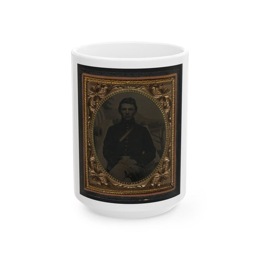 Unidentified Soldier In Union Uniform In Front Of Painted Backdrop Showing Military Camp 001 (U.S. Civil War) White Coffee Mug-15oz-The Sticker Space