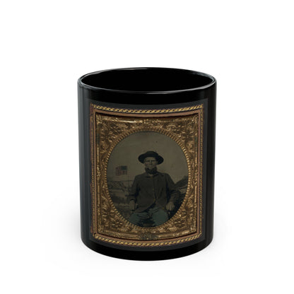 Unidentified Soldier In Union Uniform In Front Of Painted Backdrop Showing Military Camp (U.S. Civil War) Black Coffee Mug-11oz-The Sticker Space