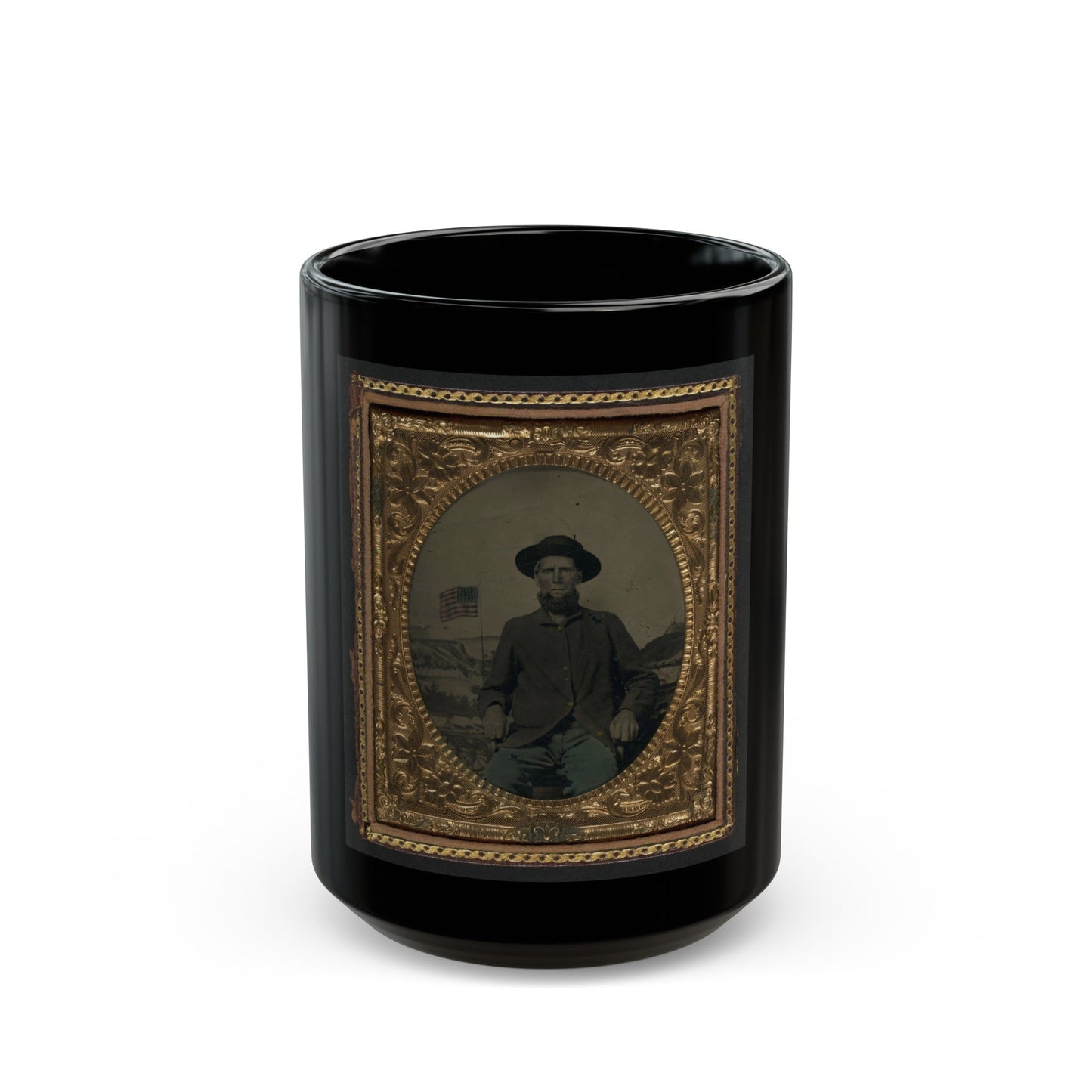 Unidentified Soldier In Union Uniform In Front Of Painted Backdrop Showing Military Camp (U.S. Civil War) Black Coffee Mug-15oz-The Sticker Space