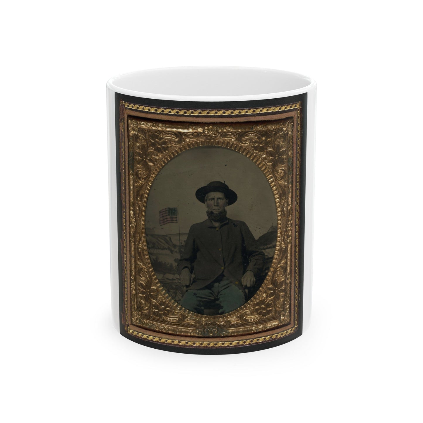 Unidentified Soldier In Union Uniform In Front Of Painted Backdrop Showing Military Camp (U.S. Civil War) White Coffee Mug-11oz-The Sticker Space