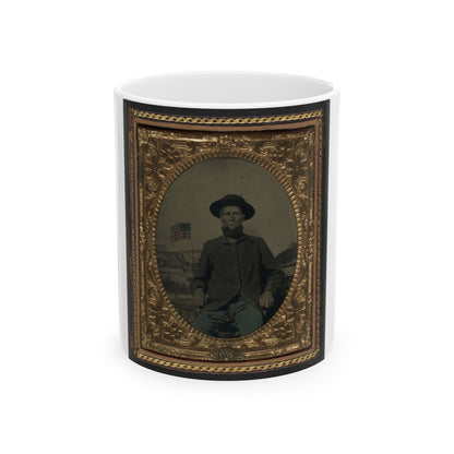 Unidentified Soldier In Union Uniform In Front Of Painted Backdrop Showing Military Camp (U.S. Civil War) White Coffee Mug-11oz-The Sticker Space