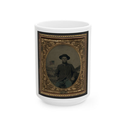 Unidentified Soldier In Union Uniform In Front Of Painted Backdrop Showing Military Camp (U.S. Civil War) White Coffee Mug-15oz-The Sticker Space